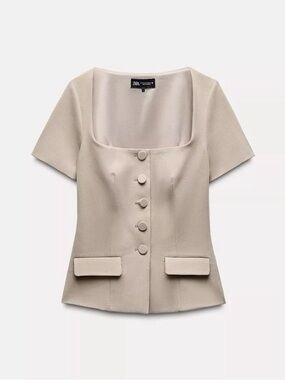Zara Taupe Button-Front Square Neck Top
